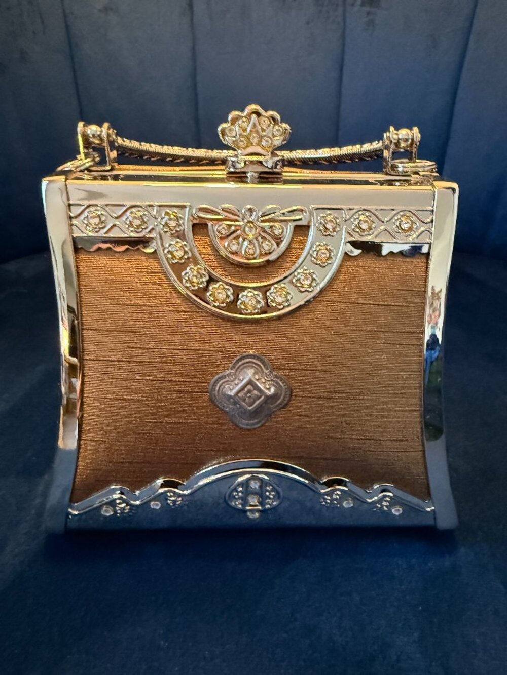 Vintage Art Deco Brown Satin Box Clutch Ornate Silver Metalwork Evening Bag